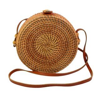 HANDCRAFTED NATURAL WICKER TAN BROWN LEATHER STRAP X-BODY SHOULDER BAG HANDBAG